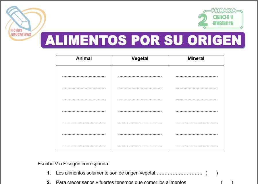Alimentos por su origen para segundo de primaria