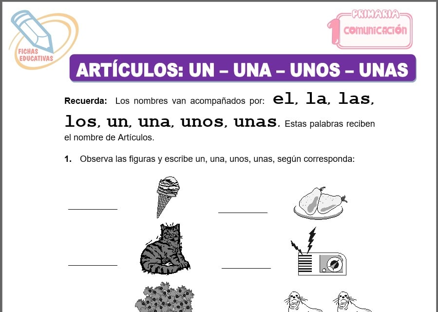 Artículos un – una – unos – unas para primero de primaria