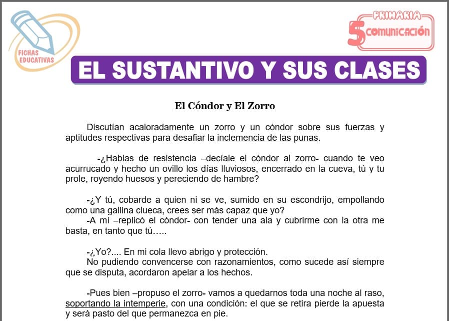 El sustantivo y sus clases para quinto de primaria