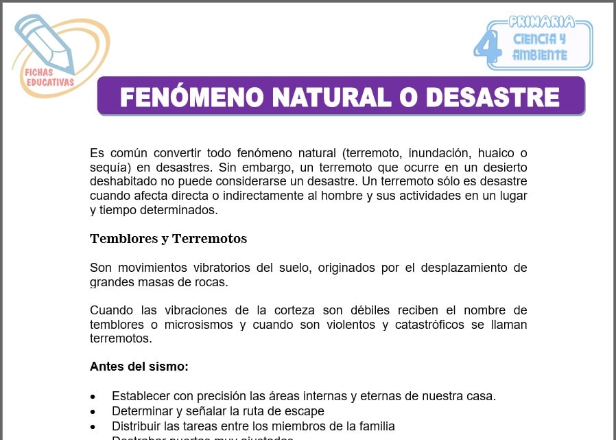Fenómeno natural o desastre para cuarto de primaria
