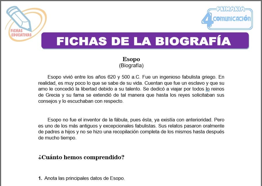 Fichas de la biografía para cuarto de primaria