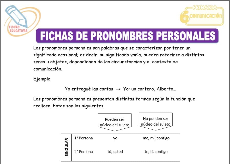 Fichas de pronombres personales para sexto de primaria