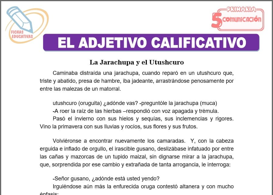 Fichas del adjetivo calificativo para quinto de primaria