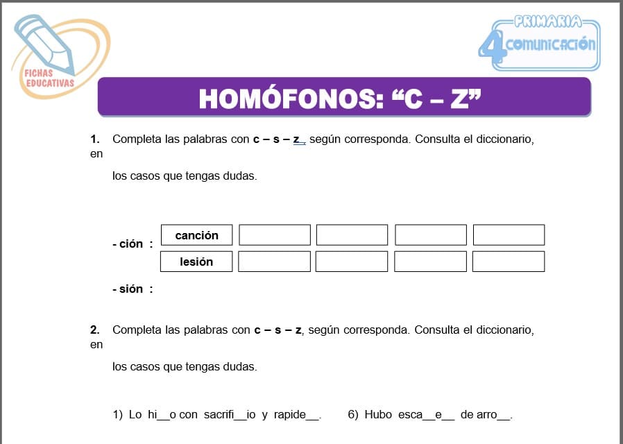 Homófonos “c – z” para cuarto de primaria