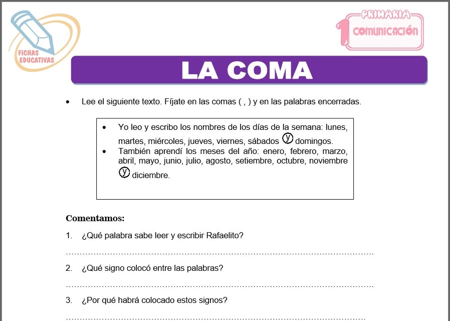 La coma para primero de primaria