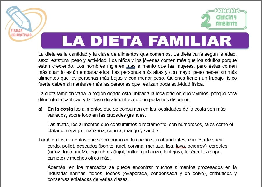 La dieta familiar para segundo de primaria