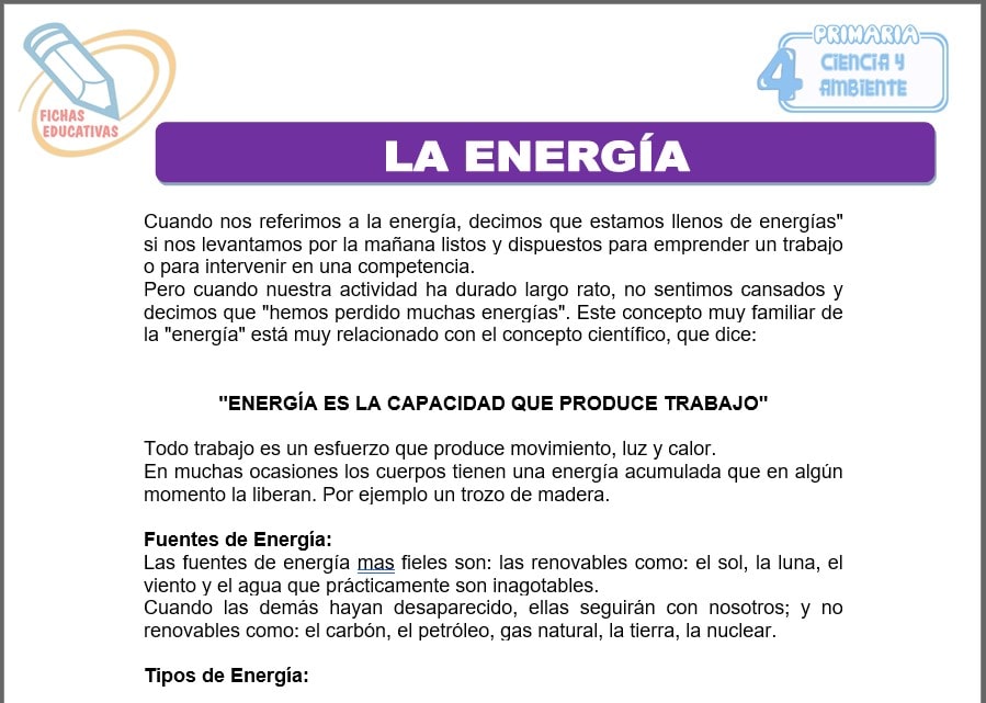 La energía para cuarto de primaria