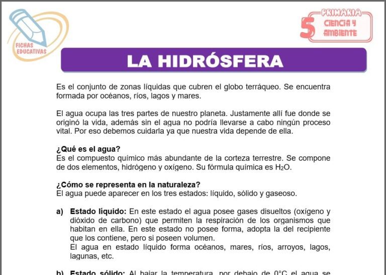 La hidrósfera para Quinto de Primaria - Fichas Educativas
