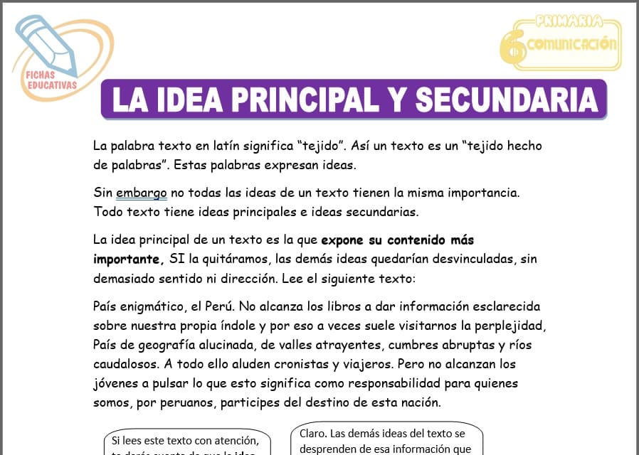 La idea principal y secundaria para sexto de primaria