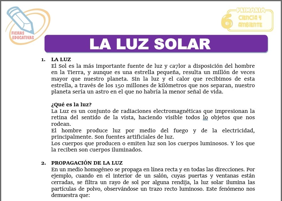 La luz solar para sexto de primaria