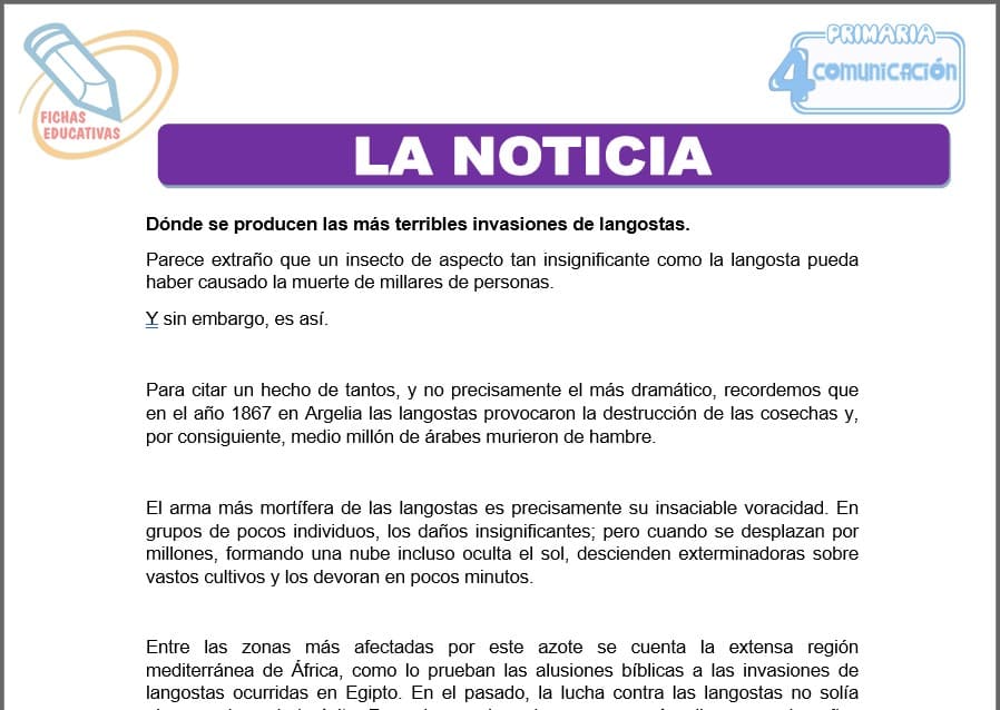 La noticia para cuarto de primaria