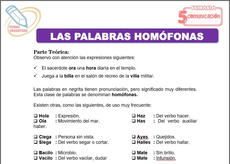Las palabras homófonas para quinto de primaria