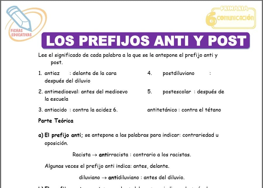 Los prefijos Anti y Post para sexto de primaria