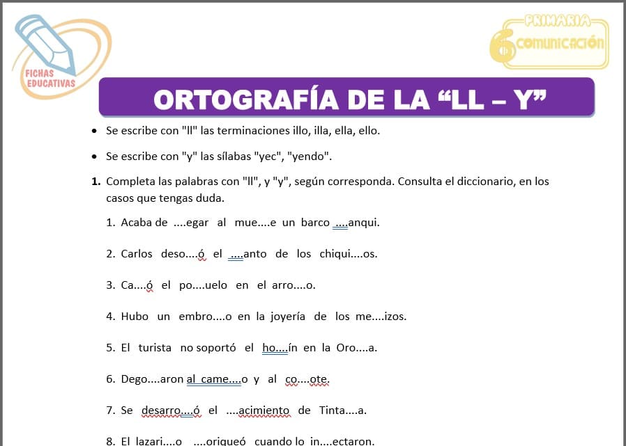 Ortografía de la “ll – y” para sexto de primaria