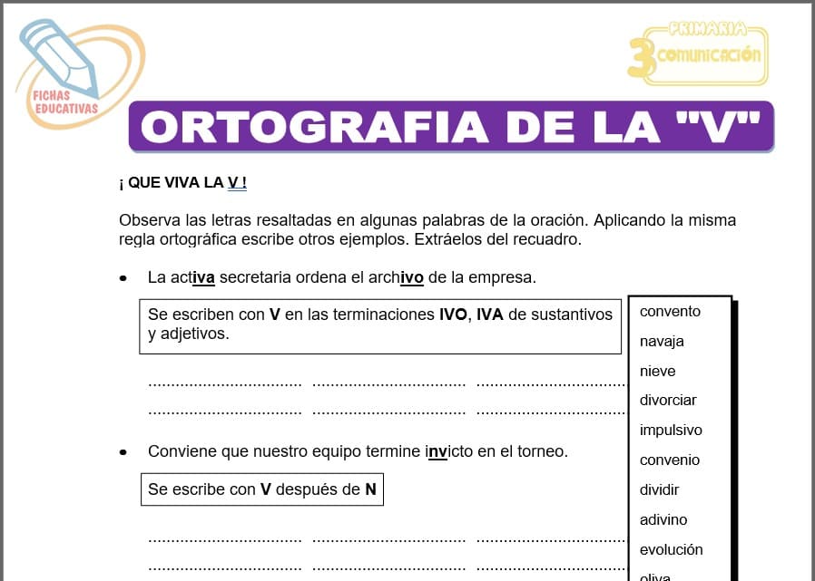 Ortografía de la “v” para tercero de primaria
