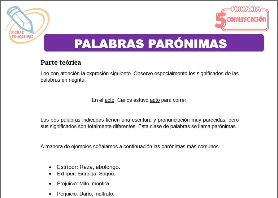 Palabras parónimas para Quinto de Primaria Palabras parónimas para quinto de primaria