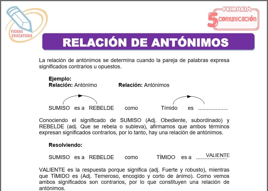 Relación de antónimos para quinto de primaria