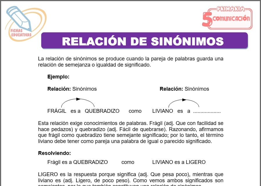 Relación de sinónimos para quinto de primaria
