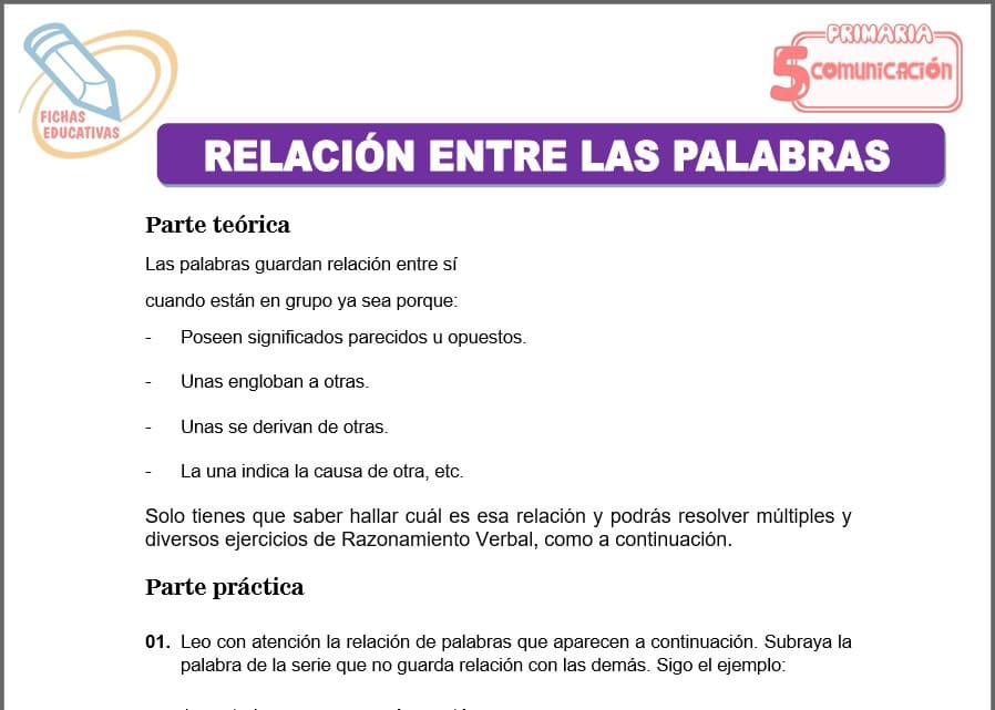 Relación entre las palabras para quinto de primaria