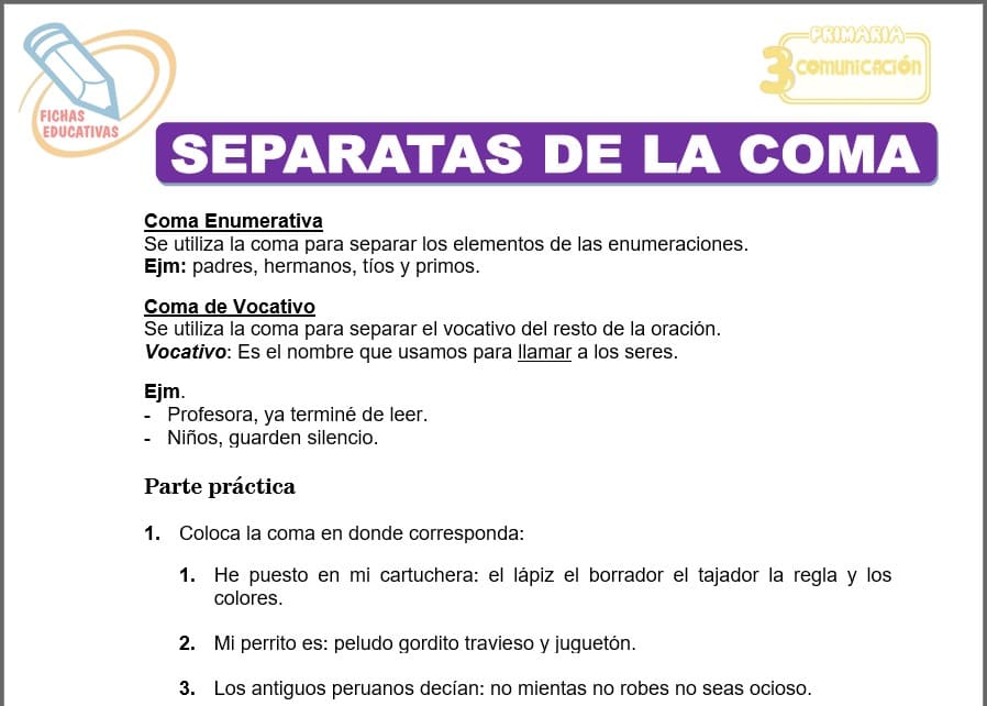 Separatas de la coma para tercero de primaria