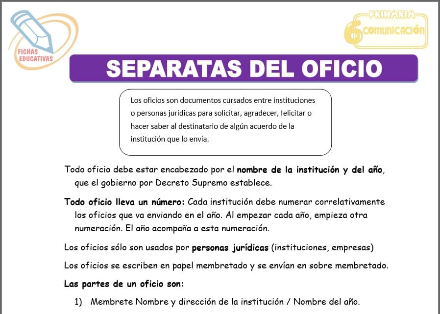Separatas del oficio para sexto de primaria