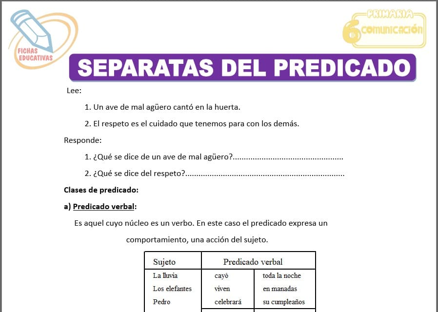 Separatas del predicado para sexto de primaria