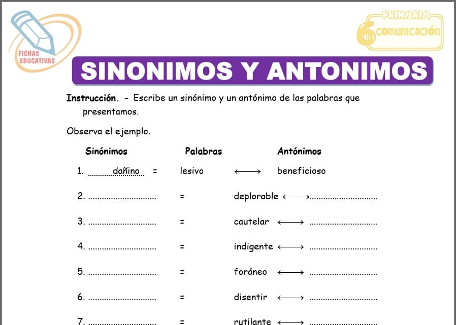 Sinónimos y antónimos para sexto de primaria