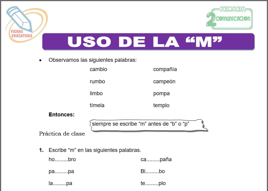 Uso de la “m” para segundo de primaria