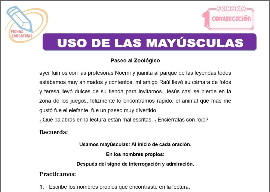 Uso de las mayúsculas para primero de primaria