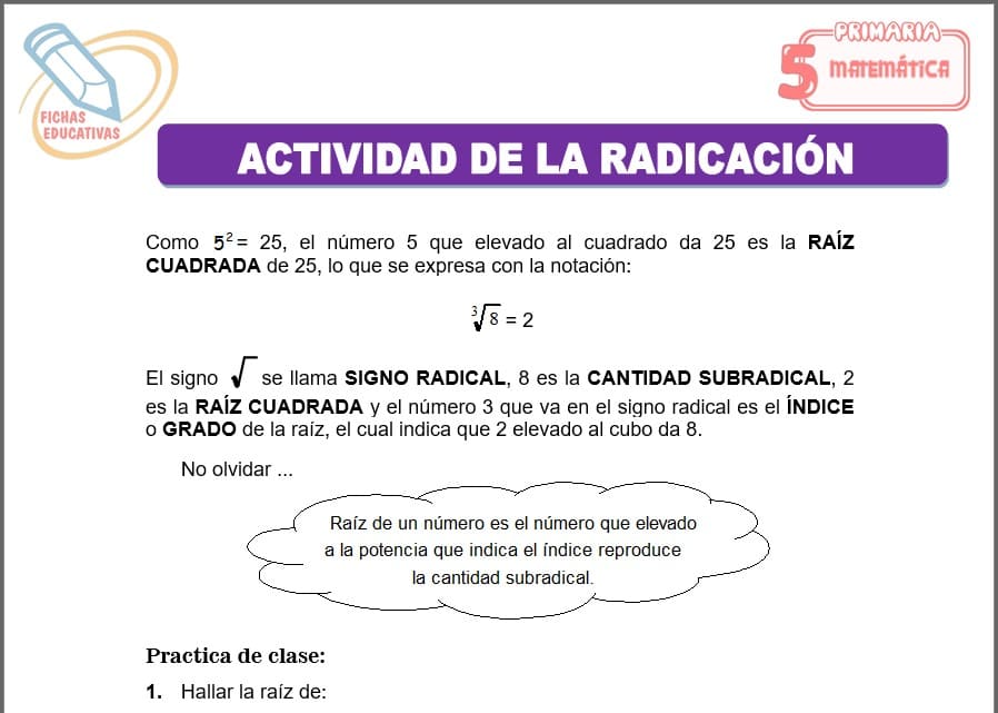 Actividad de la radicación para quinto de primaria