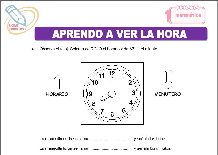 Aprendo a ver la hora para primero de primaria