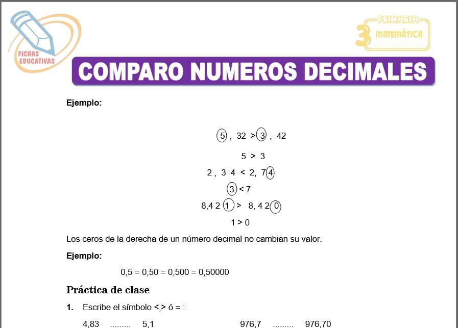 Comparo números decimales para tercero de primaria