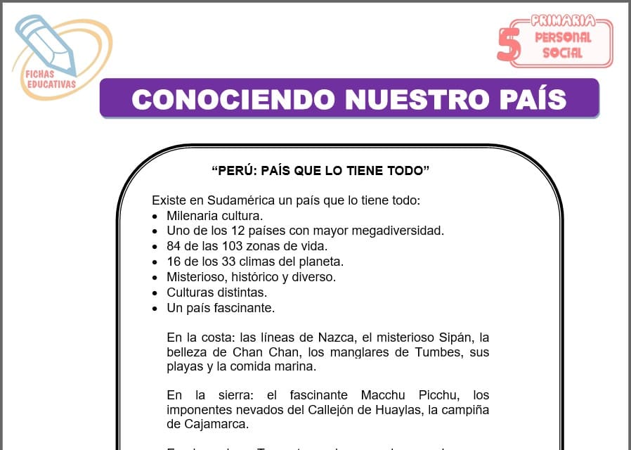 Conociendo nuestro país para quinto de primaria