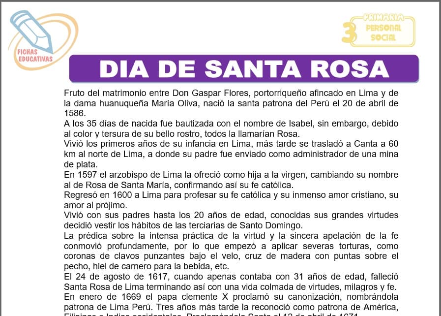 Día de santa rosa para tercero de primaria