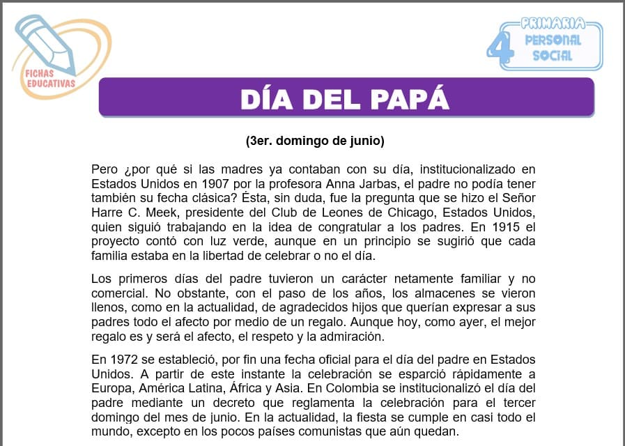 Día del papá para cuarto de primaria
