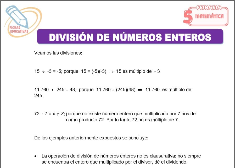 División de números enteros para quinto de primaria