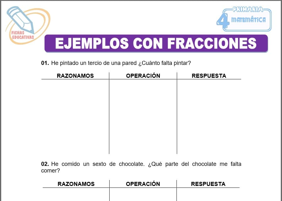 Ejemplos con fracciones para cuarto de primaria