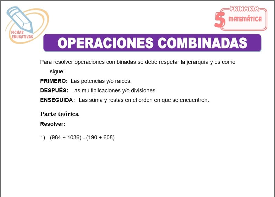 Ficha de operaciones combinadas para quinto de primaria