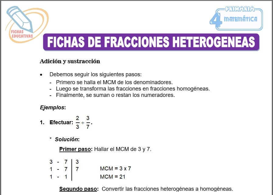 Fichas de Fracciones heterogéneas para cuarto de primaria