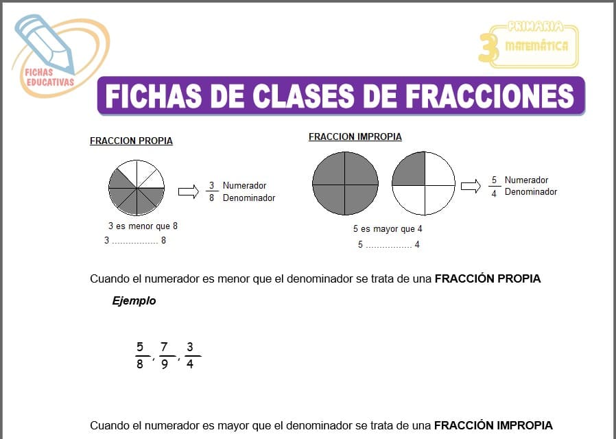 Fichas de clases de fracciones para tercero de primaria