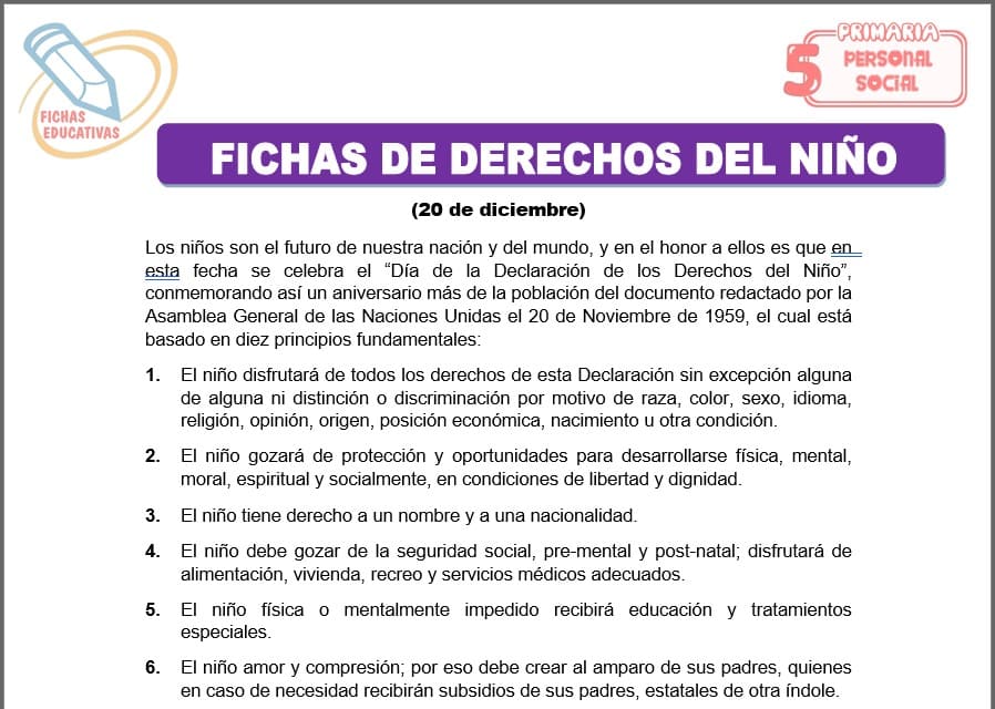 Fichas de derechos del niño para quinto de primaria