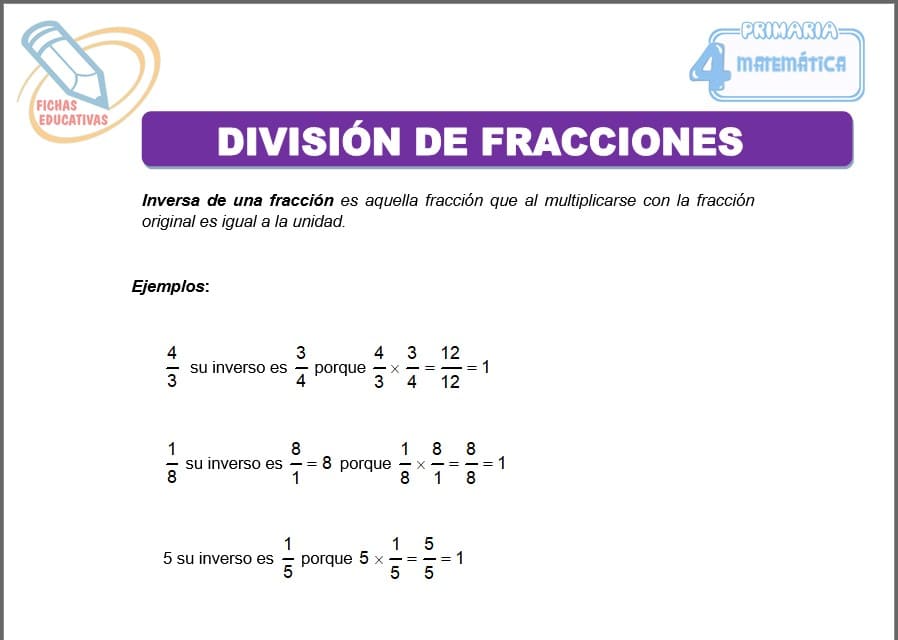 Fichas de división de fracciones para cuarto de primaria