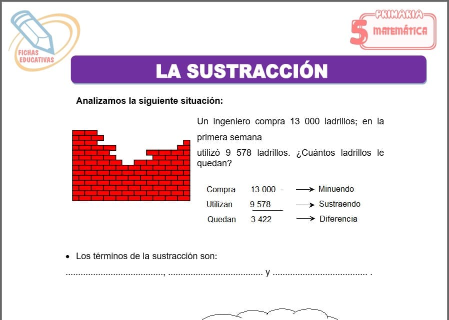 Fichas de la sustracción para quinto de primaria