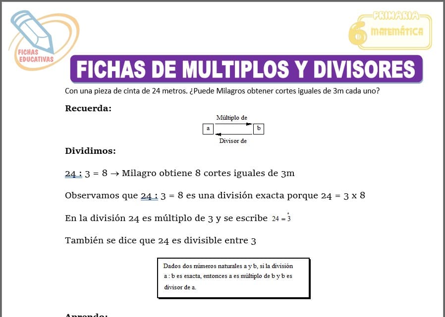 Fichas de múltiplos y divisores para sexto de primaria
