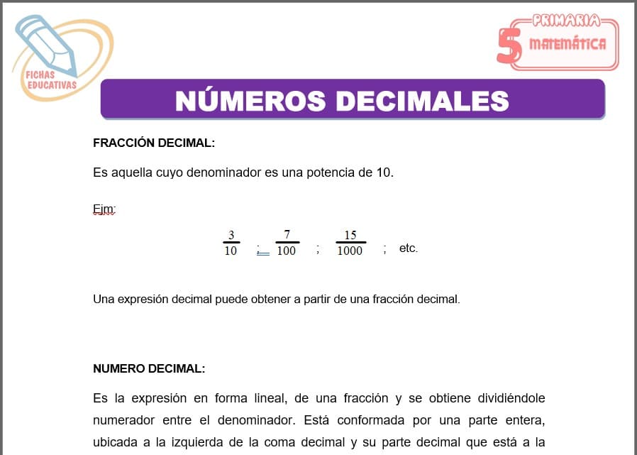 Fichas de números decimales para quinto de primaria