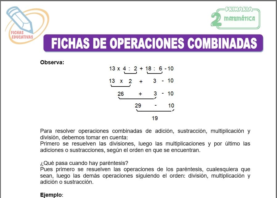Fichas de operaciones combinadas para segundo de primaria
