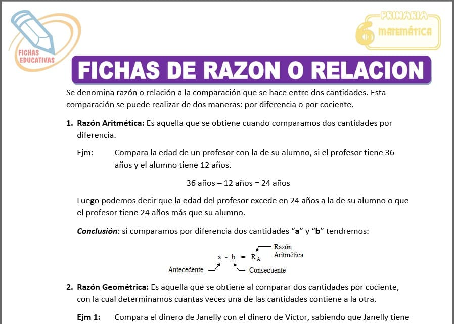 Fichas de razón o relación para sexto de primaria