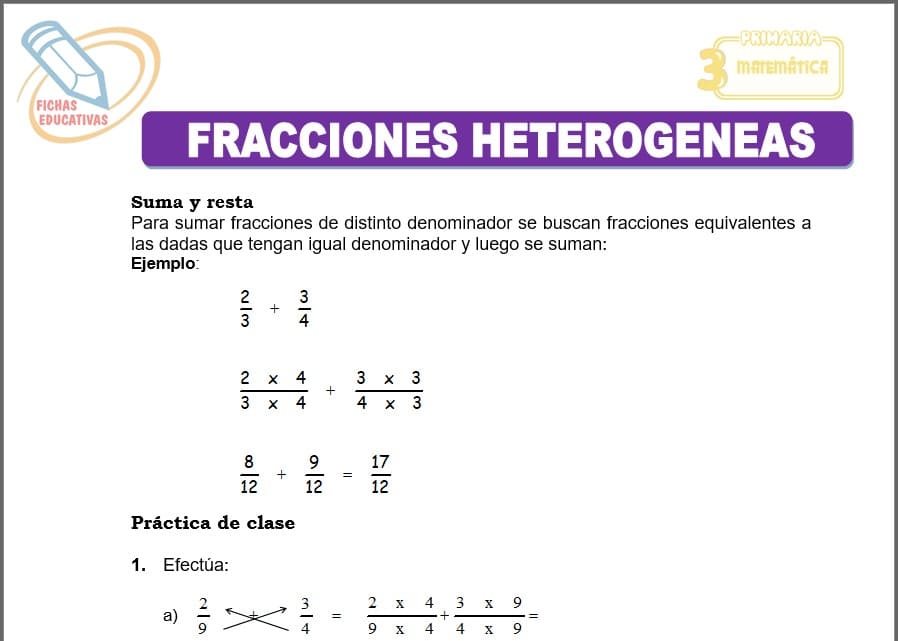Fracciones heterogéneas para Tercero de Primaria Fracciones heterogéneas para tercero de primaria