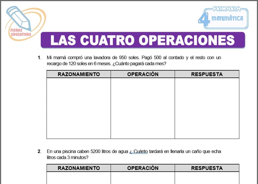 Las cuatro operaciones para cuarto de primaria