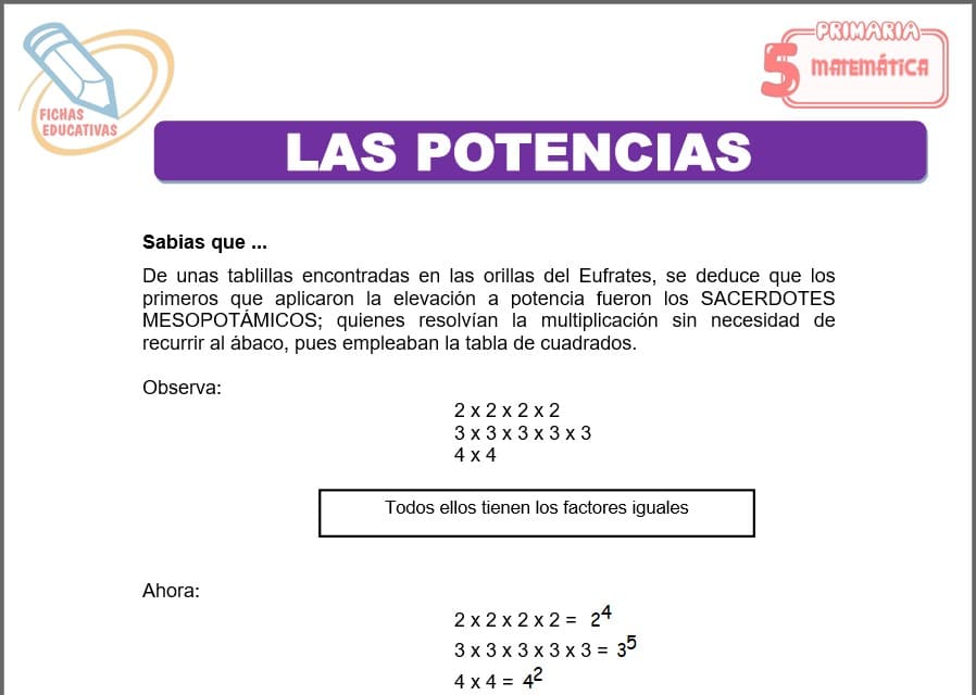 Las potencias para quinto de primaria